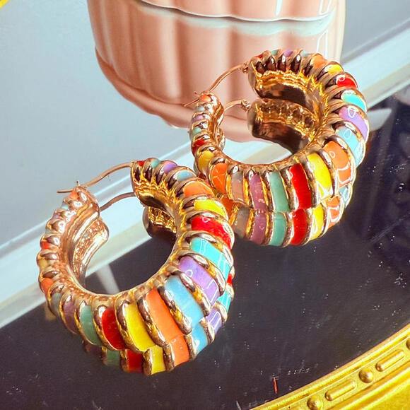 Rainbow Enamel Chunky Hoop Earrings Gold Tone Statement NWT - Picture 4 of 7